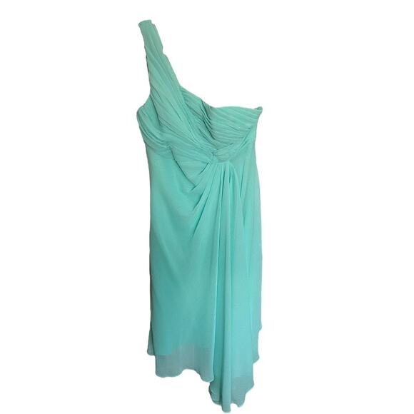 David's Bridal turquoise blue one shoulder asymmetrical gown pleated drape sz 8 - Picture 1 of 8